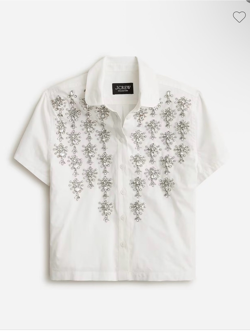 J. Crew White Short-Sleeve Button-Down Shirt with Silver Crystal Embellishments